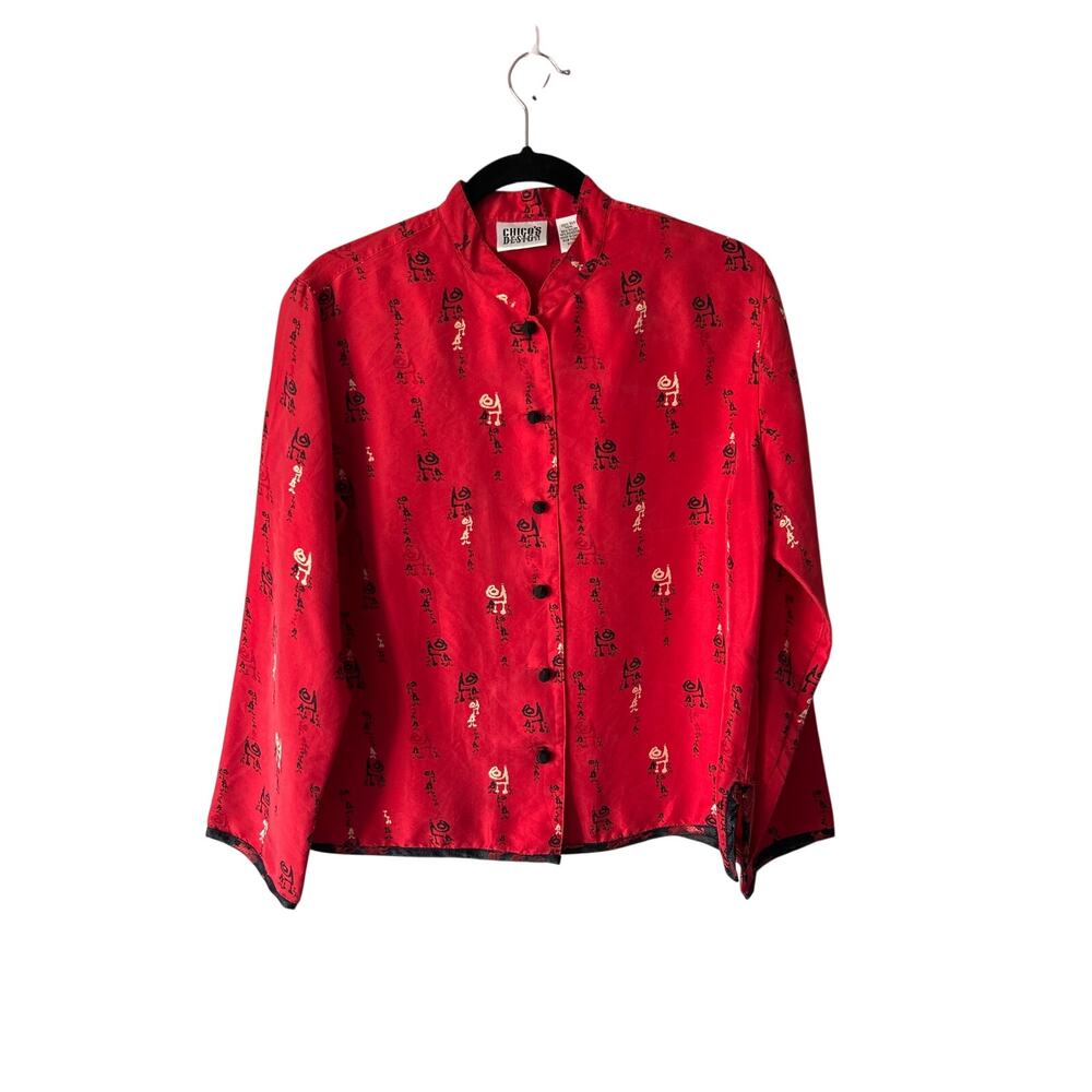 VTG Chico's Design Red 100% Silk Asian Print Top Size 1 (US 8-10)